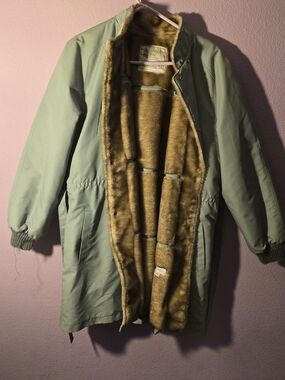 London Fog Faux Fur Lined Parka in Light Sage Green and Brown